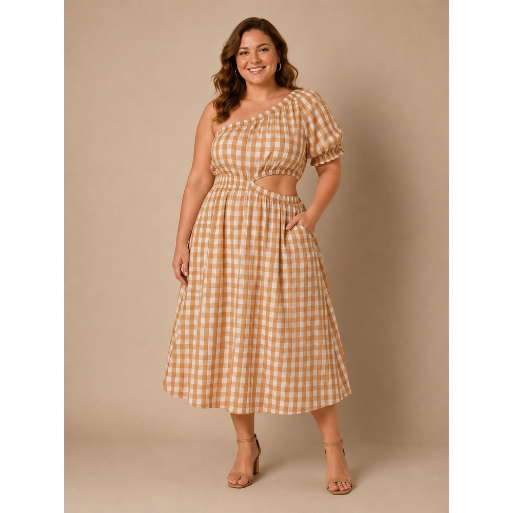 Womens Medium Tan White Gingham One Shoulder Midi Dress Cutout Puff Sleeve
